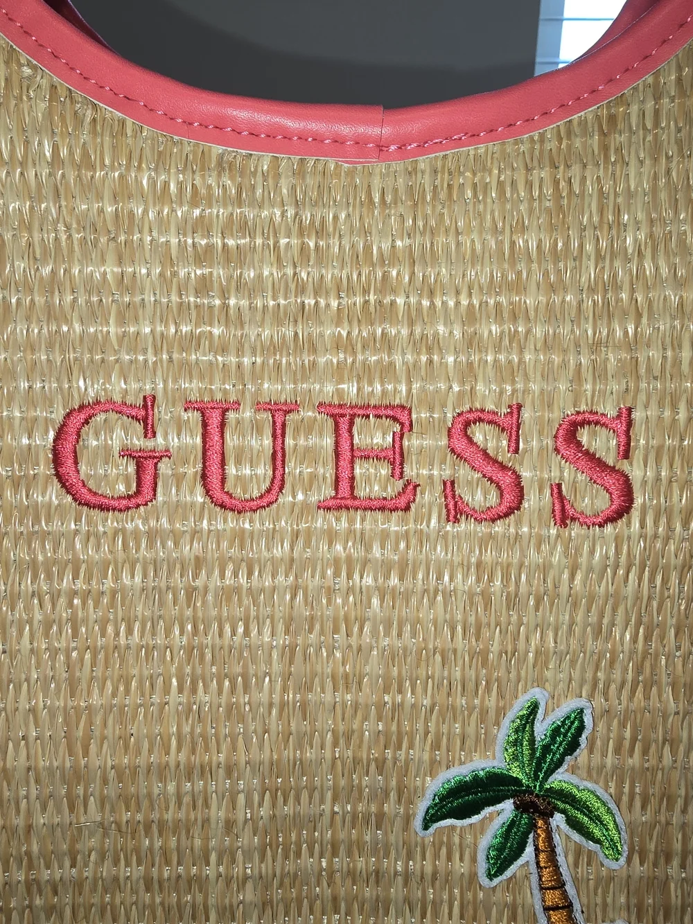 GUESS NWT Natural Straw Lunch Tote w/ Pink Trim and Embroidered Tropical Motifs